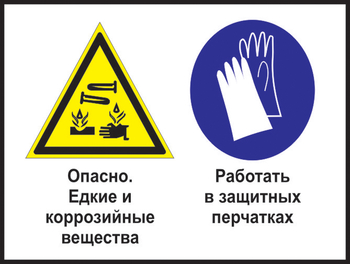 Кз 64 опасно - едкие и коррозийные вещества. работать в защитных перчатках. (пластик, 600х400 мм) - Знаки безопасности - Комбинированные знаки безопасности - Магазин охраны труда и техники безопасности stroiplakat.ru